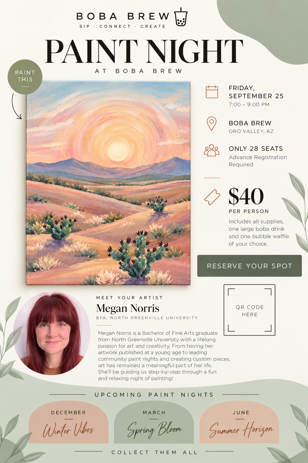 Megan Norris’s desert painting with a glowing sun, mountains, and cacti
